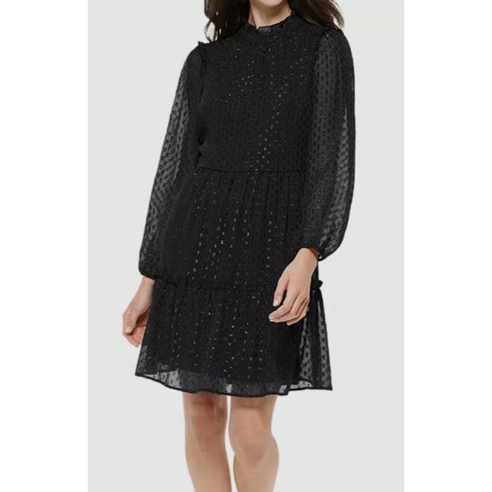 Tommy Hilfiger Dress Womens 16 Black Metallic Clip Dot Ruffle Tiered Chiffon